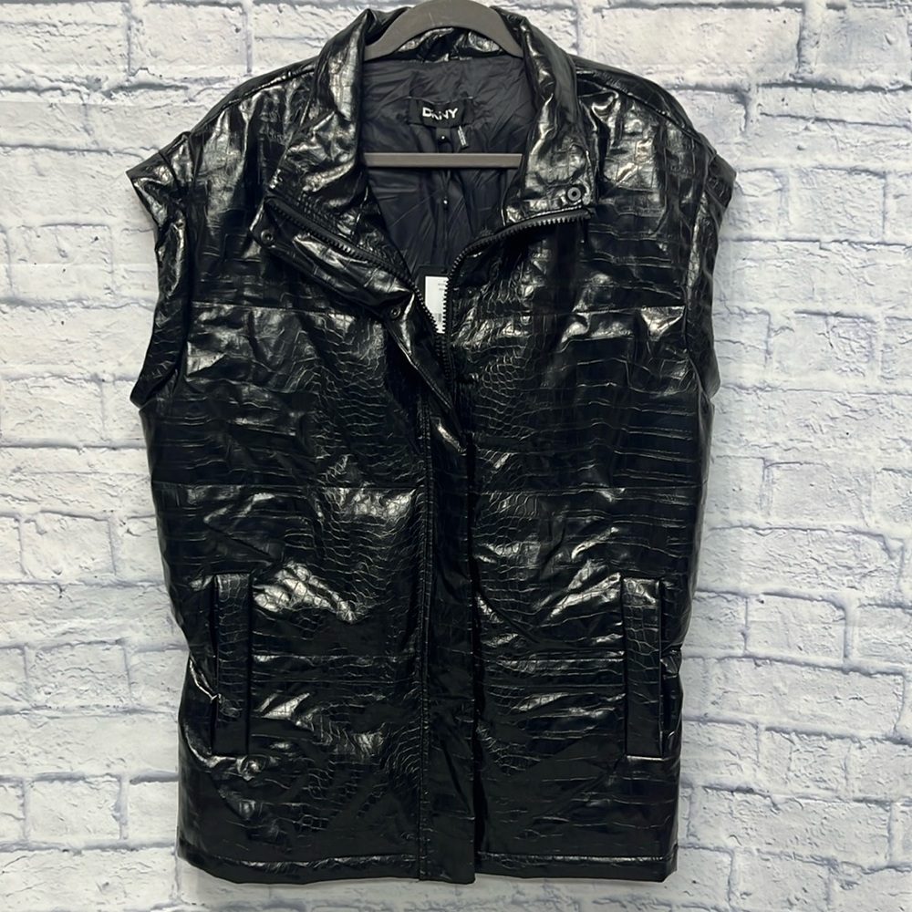 NWT-DKNY Black Goth Vest Gorpcore Crocodile Print Puffy Puffer Vest